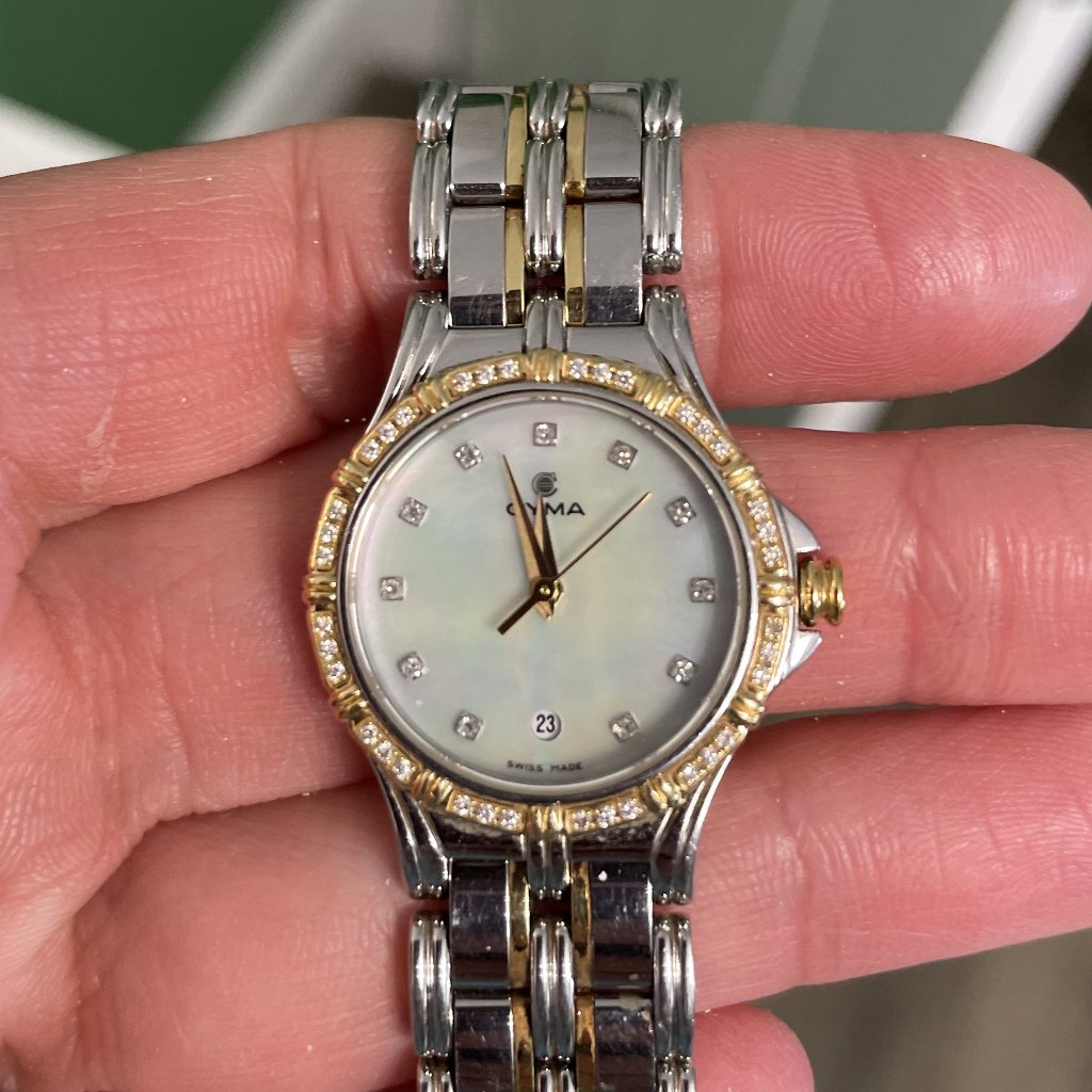 Cyma Charisma 18k Gold Ladies Watch Factory Mother Of Pearl Diamond Dial Bez